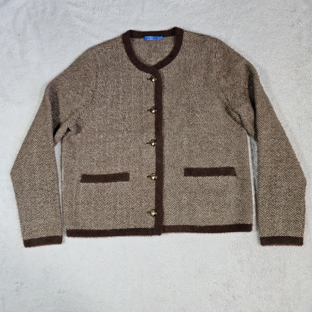 J. McLaughlin Brown Herringbone Knit Cardigan with Dark Brown Trim